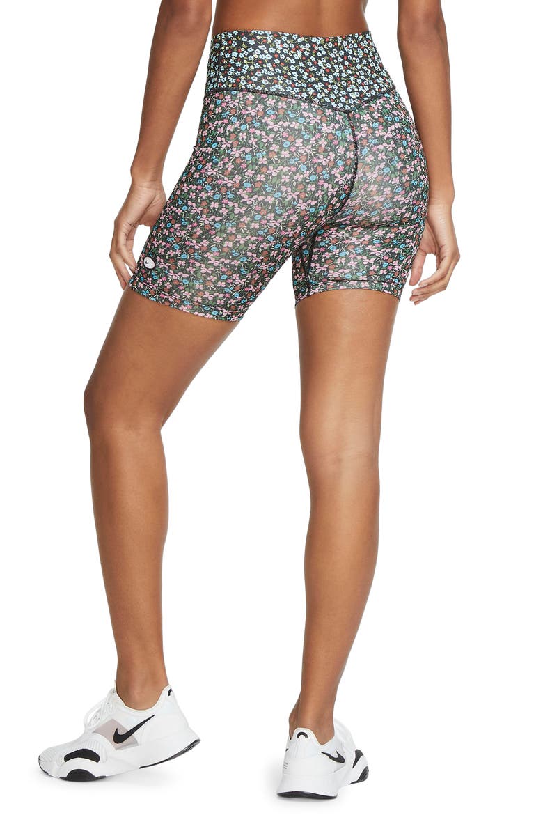 One Ditsy Floral Dri-FIT Bike Shorts, Alternate, color, FIREWOOD ORANGE/ ICE/ BLACK