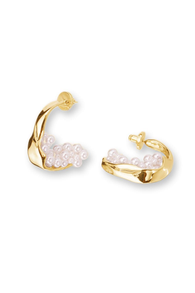 Naomi Shell Pearl Cluster Molten Hoop Statement Earrings, Main, color, Gold
