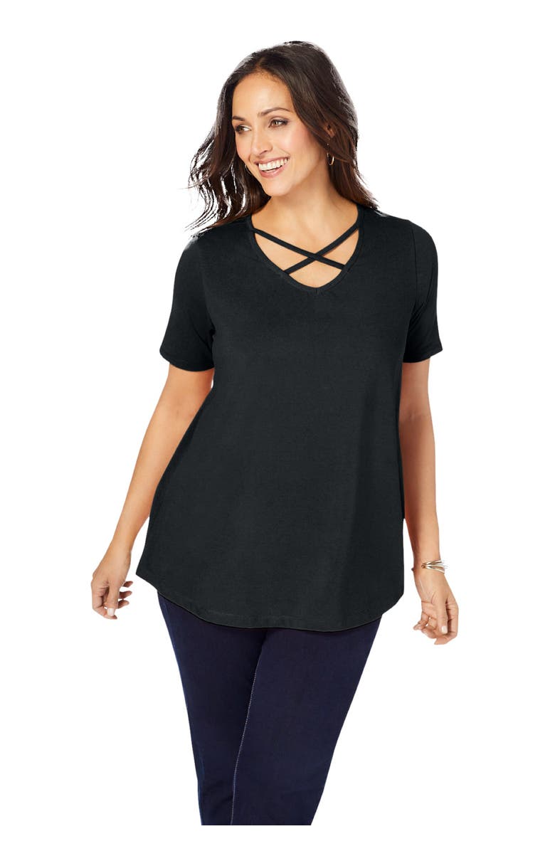 Jessica London Stretch Cotton Crisscross Strap Tee, Main, color, Black