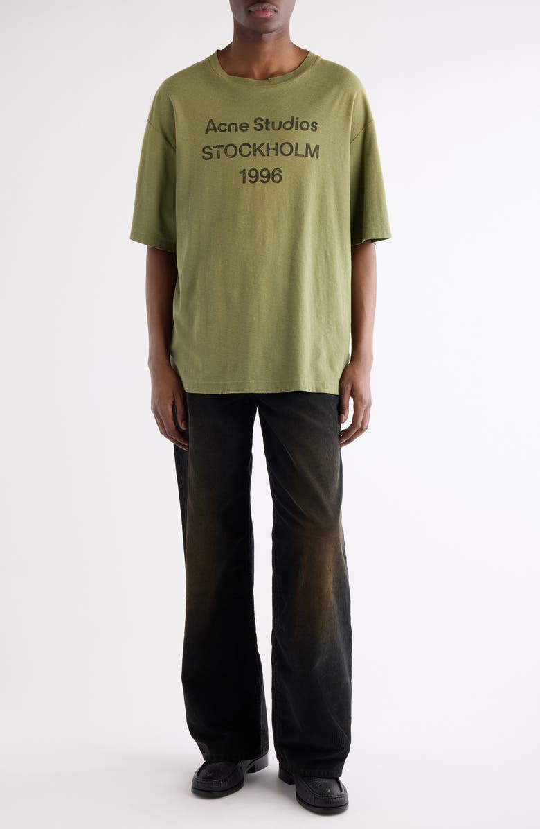 Acne Studios 1996 Logo Distressed Cotton & Hemp Graphic Tee, Alternate, color, Olive Green