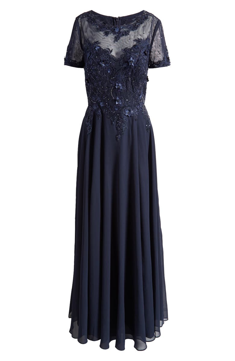 Xscape Evenings Beaded Mesh Gown, Alternate, color, Navy