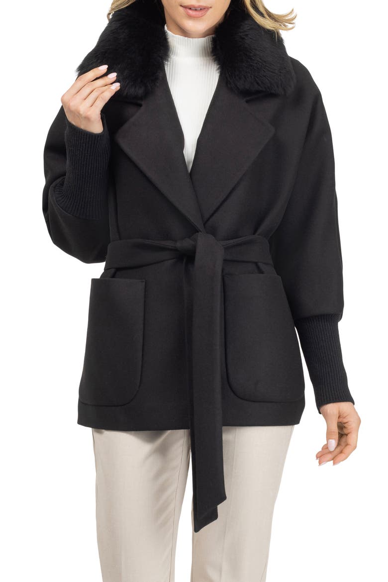 Fabric Jacket With Detachable Genuine Shearling Collar, Belt, Main, color, BLACK