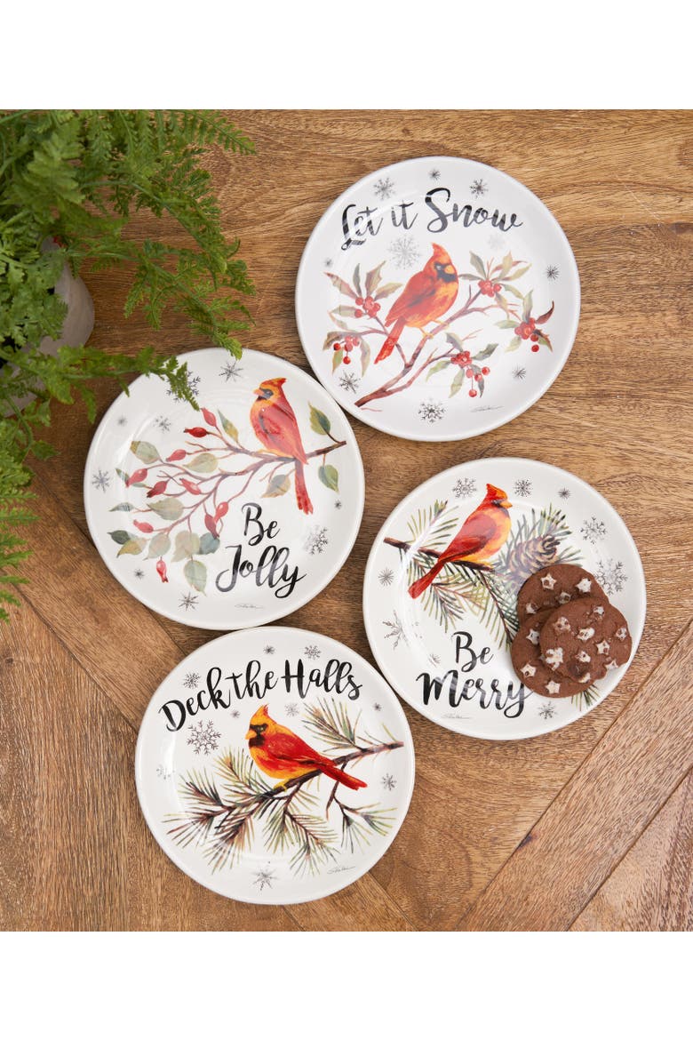 6" x 6" Holiday Sentiment Dolomite Round Dessert Plates Featuring Red Cardinals on Tree Branches Set Of 4, Alternate, color, White