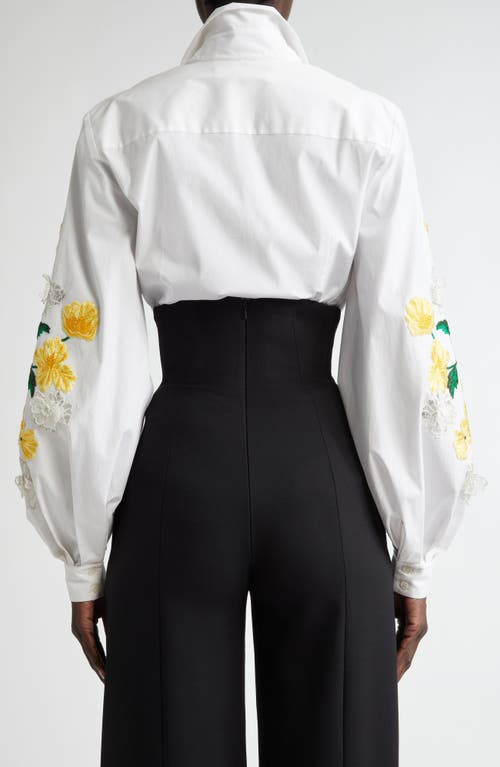 Carolina Herrera Embroidered Sleeve Stretch Cotton Button-up Shirt In White Multi