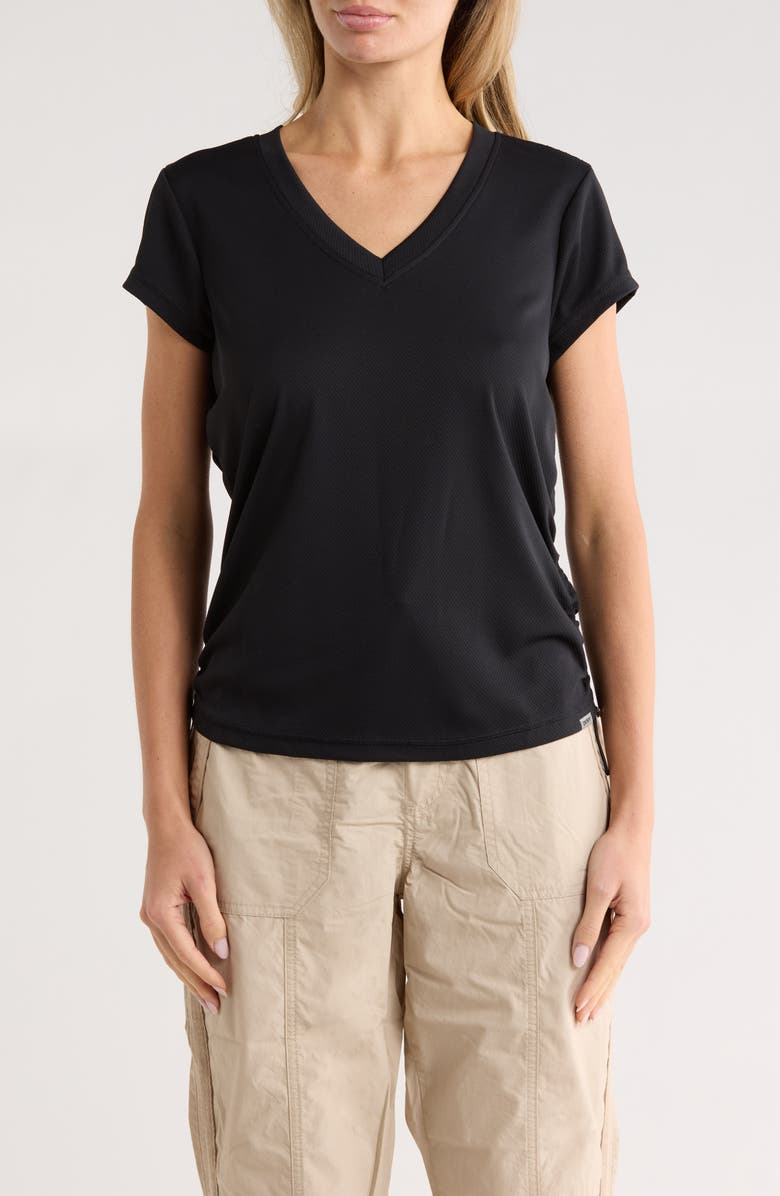 DKNY Ruched Tech T-Shirt, Main, color, Black