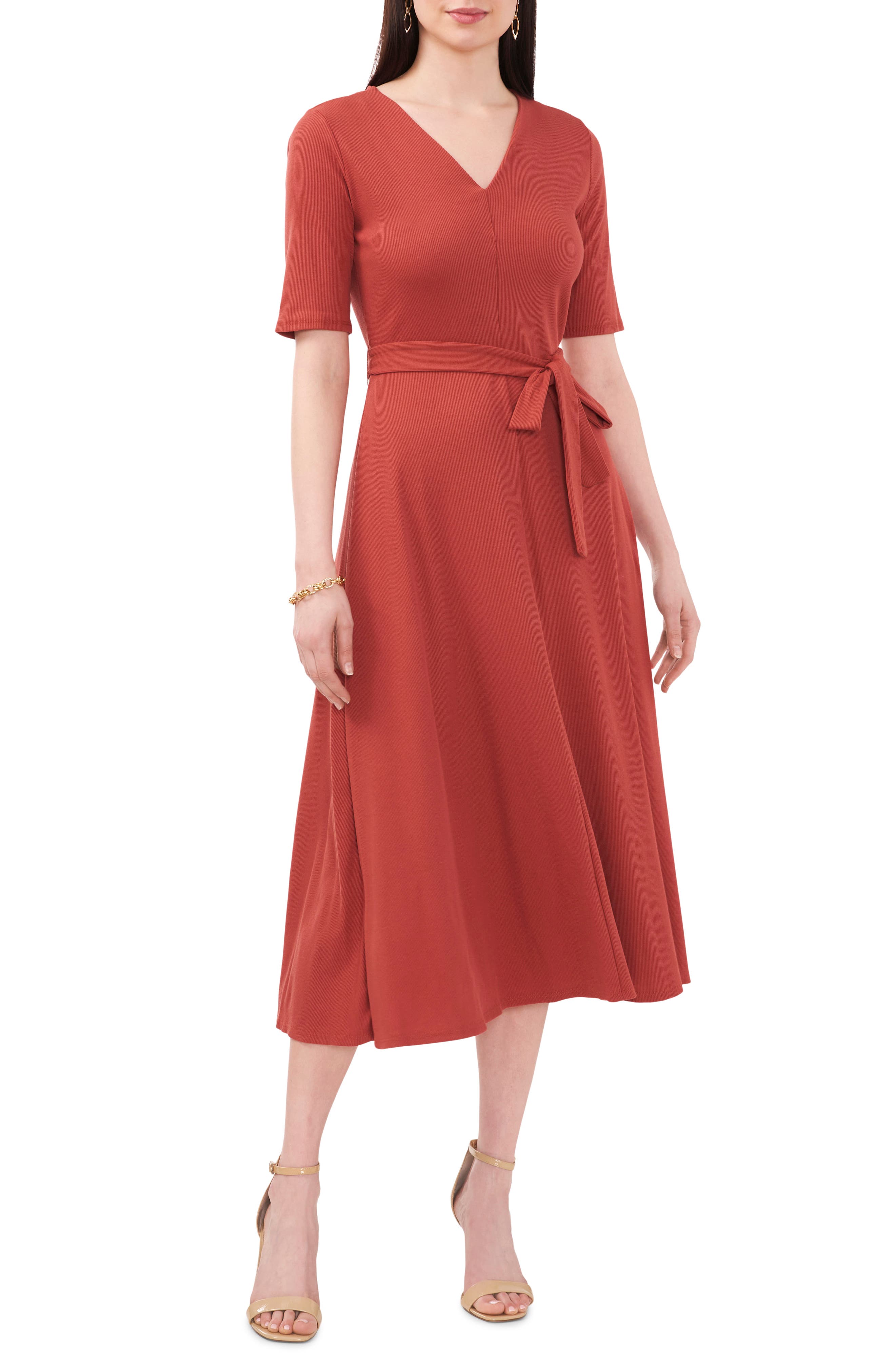 V-Neck Belted Midi Dress