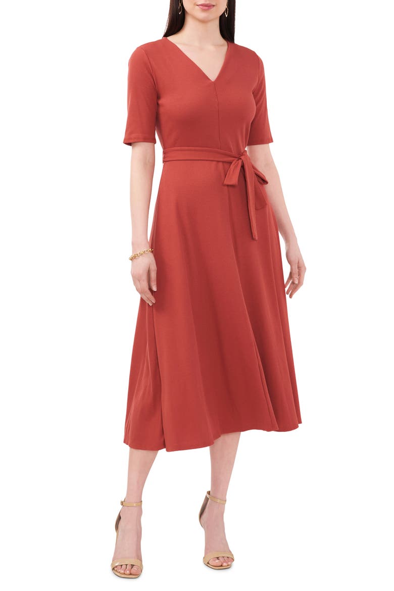 V-Neck Belted Midi Dress, Main, color, NUTMEG