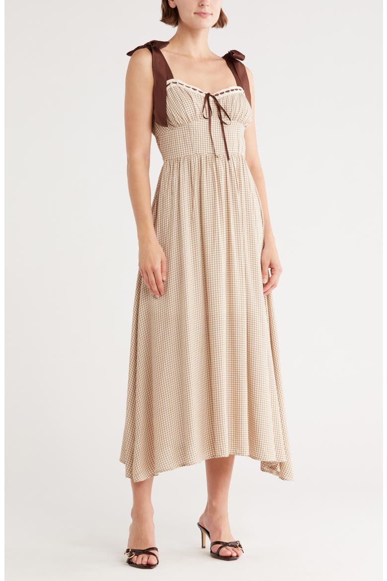 Gingham Tie Strap Fit & Flare Sundress, Main, color, KHAKI