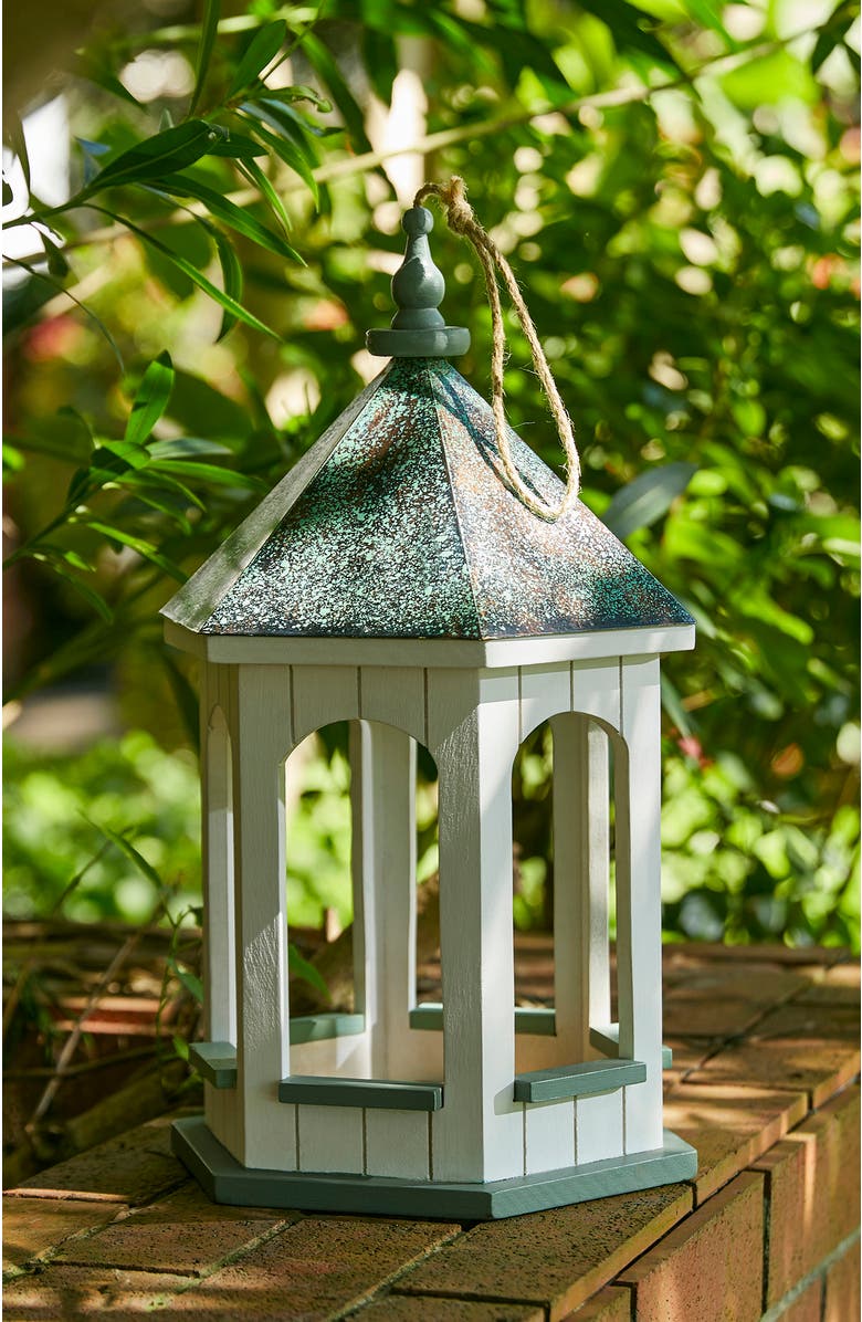 Glitzhome 15.75"H Wood Gazebo Metal Patina Finish Roof Birdfeeder, Alternate, color, Green