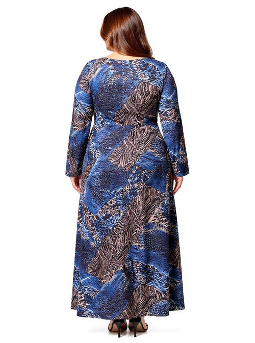 24seven Comfort Apparel Animal Print Long Sleeve Scoop Neck Maxi Dress In Blue