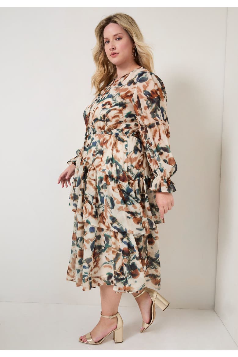 Tiered Pleated Midi Dress, Alternate, color, WATERCOLOR FLORAL