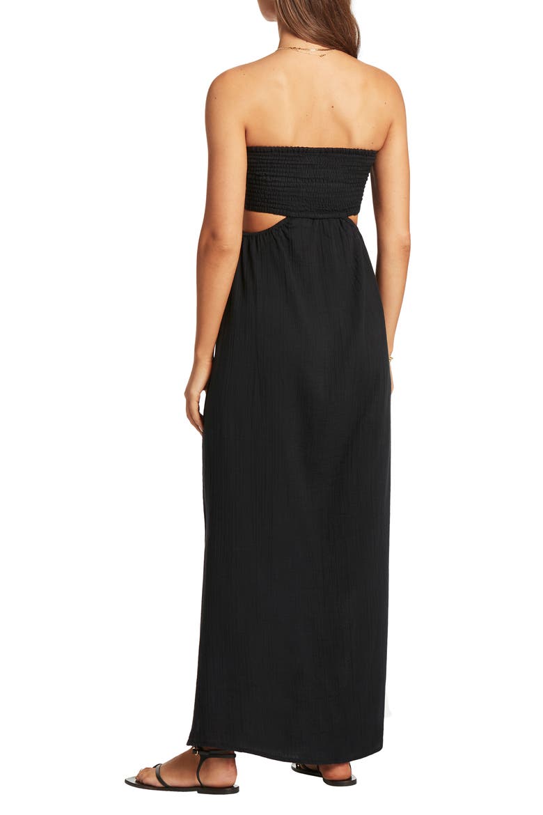 Smocked Bodice Cotton Seersucker Cover-Up Dress, Alternate, color, BLACK