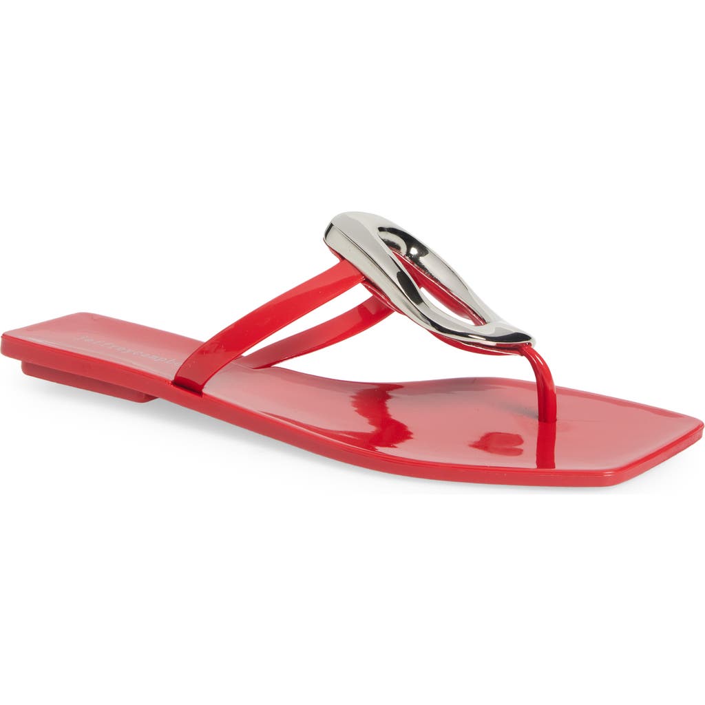 Jeffrey Campbell Linques-j Embellished T-strap Flat Jelly Sandals In Red Shiny Silver