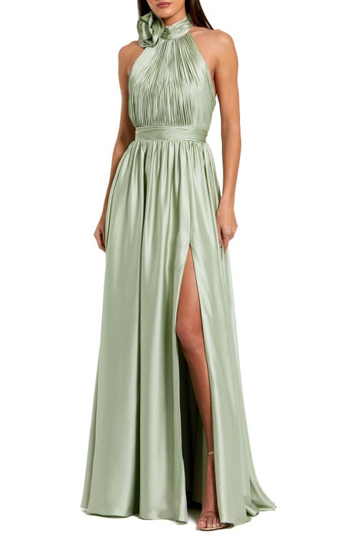 Mac Duggal Rosette Halter Chiffon Evening Gown In Sage