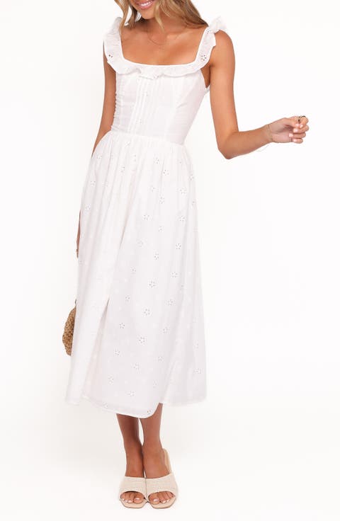 Ruella Eyelet Lace-Up Back Midi Dress
