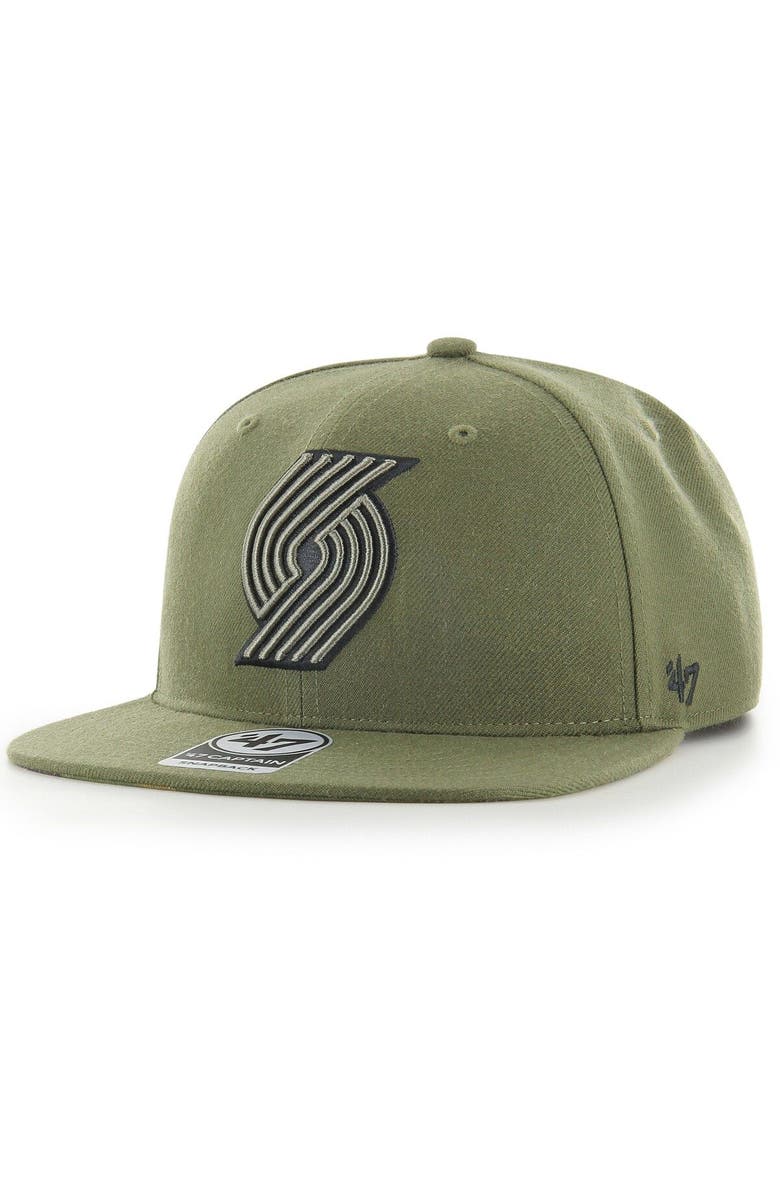 '47 Men's '47 Olive Portland Trail Blazers Ballpark Camo Captain Snapback Hat, Main, color, 