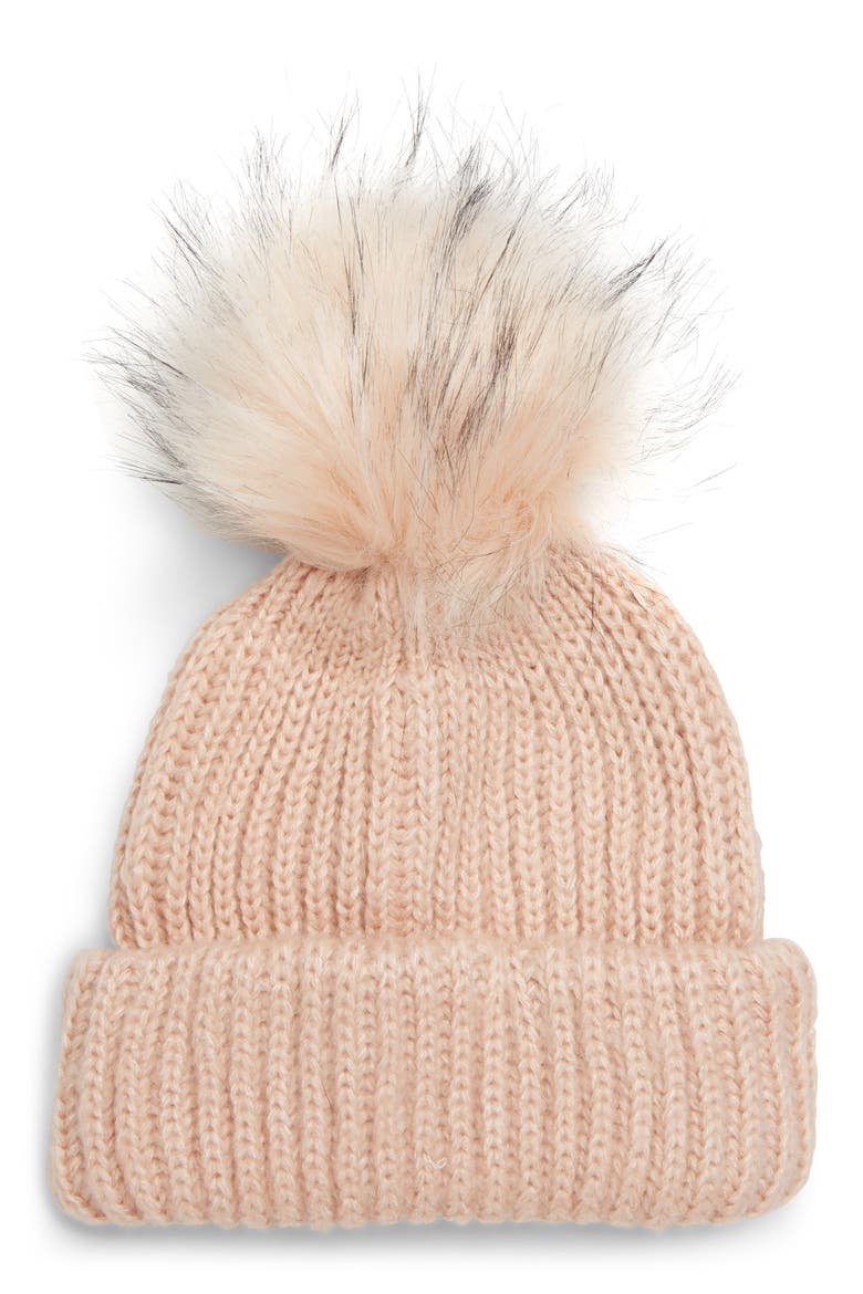 Faux Fur Pompom Beanie, Main, color, LIGHT PINK