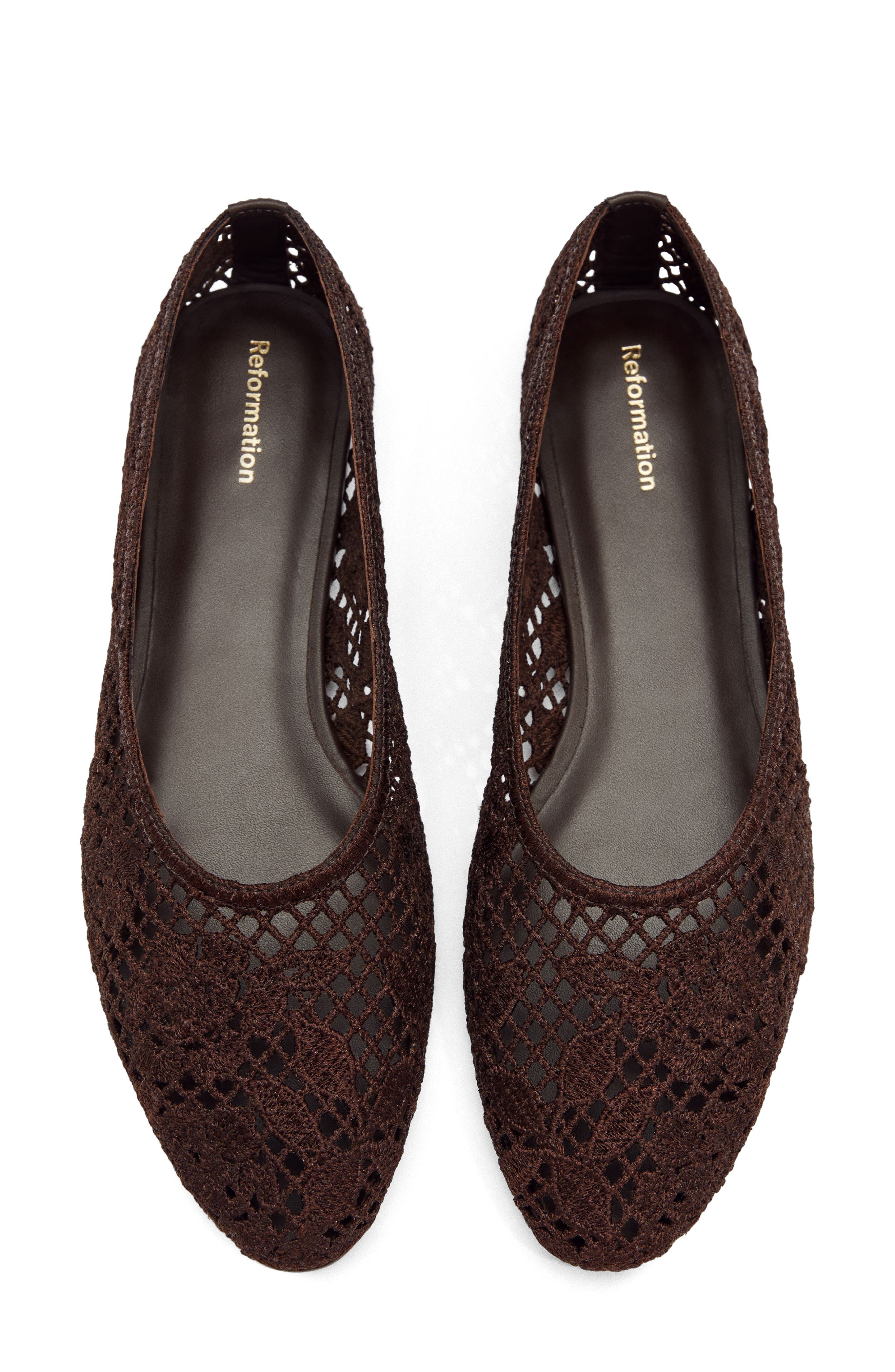 Reformation Pllar Flat, Alternate, color, Dark Chocolate Floral Crochet