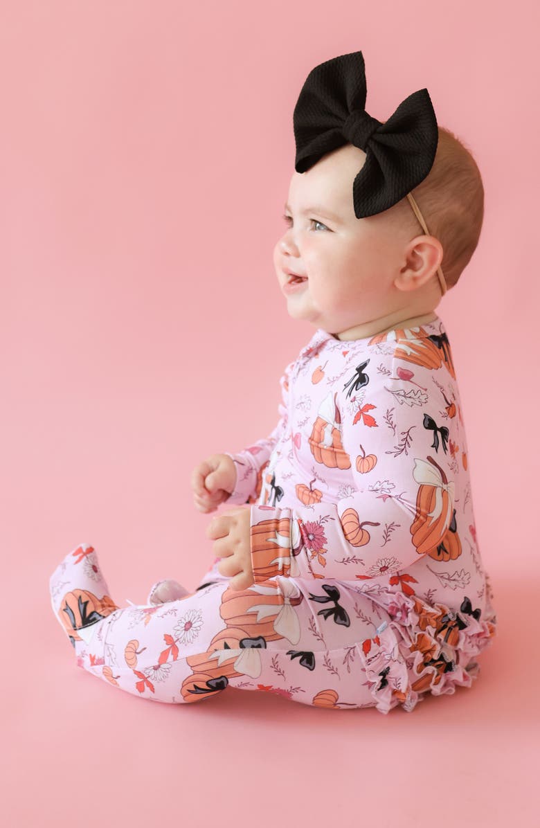 Posh Peanut Pumpkin Print Ruffle Zip Footie, Alternate, color, 