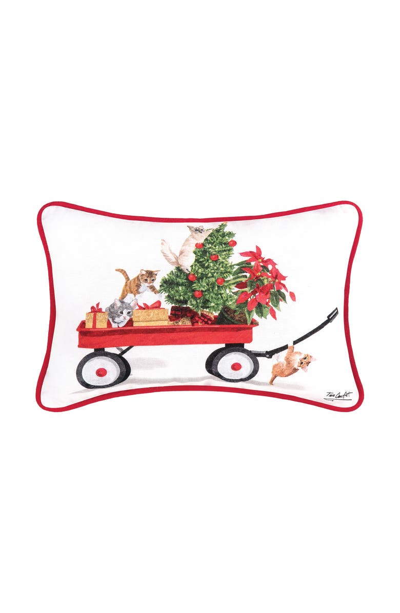 C&F Home Kittens Pulling Christmas Tree and Presents in Red Wagon Printed Accent Small/Petite Accent Pillow, 8" x 12", Main, color, 