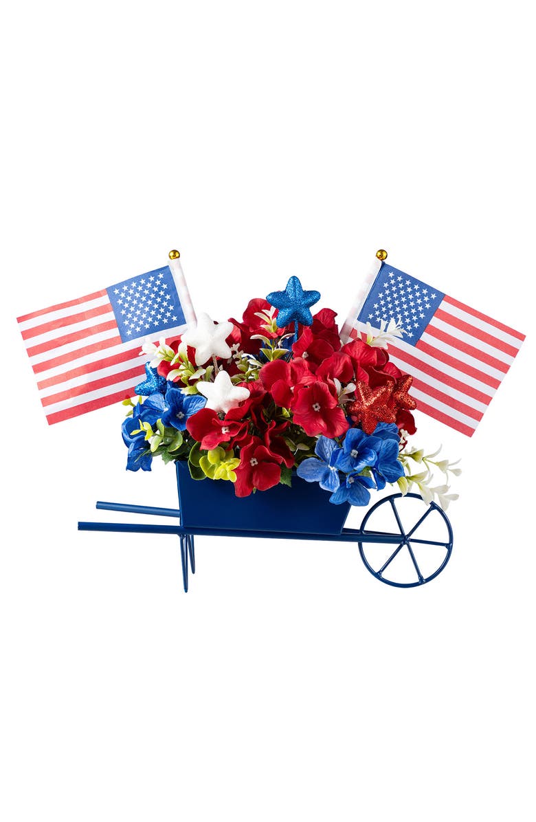 Glitzhome Patriotic Americana Hydrangea Metal Wagon Centerpiece, Alternate, color, Blue