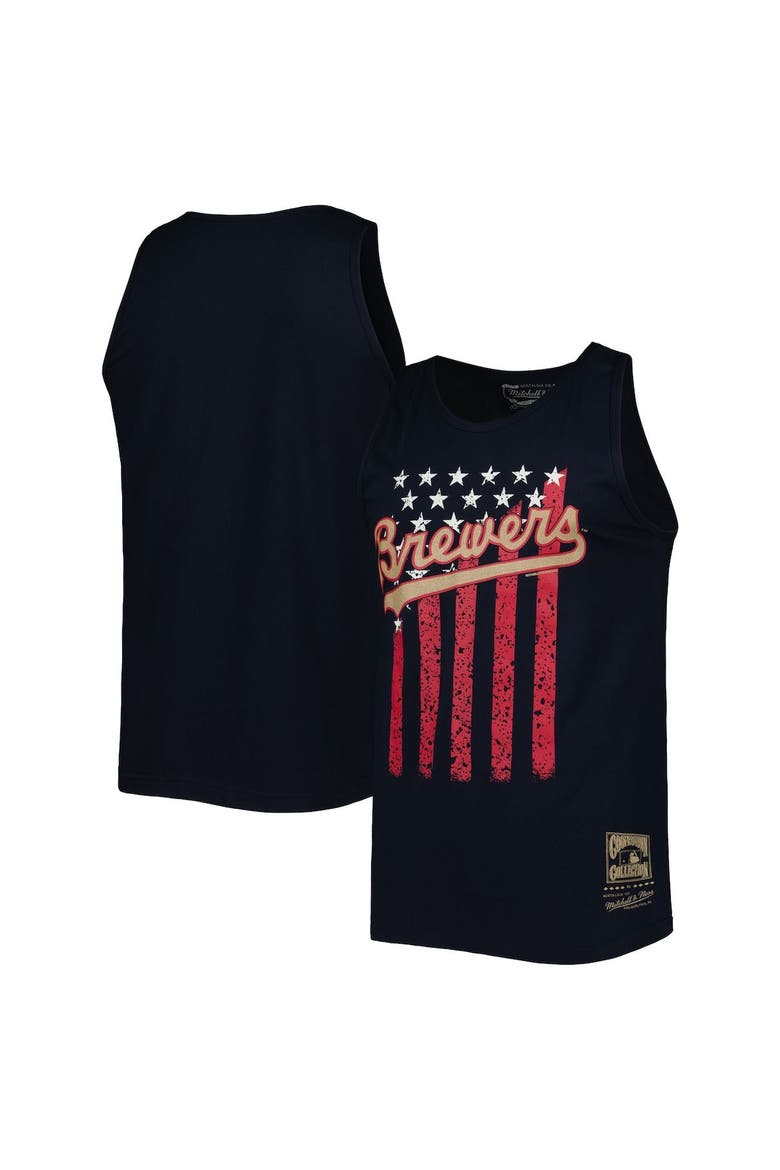 Men's Mitchell & Ness Navy Milwaukee Brewers Cooperstown Collection Stars and Stripes Tank Top, Main, color, Navy