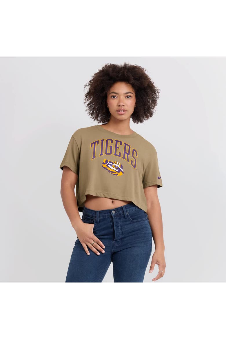 Women's Nike Tan LSU Tigers Power Pursuit Athletic Prep Arch Performance Cropped T-Shirt, Alternate, color, Tan