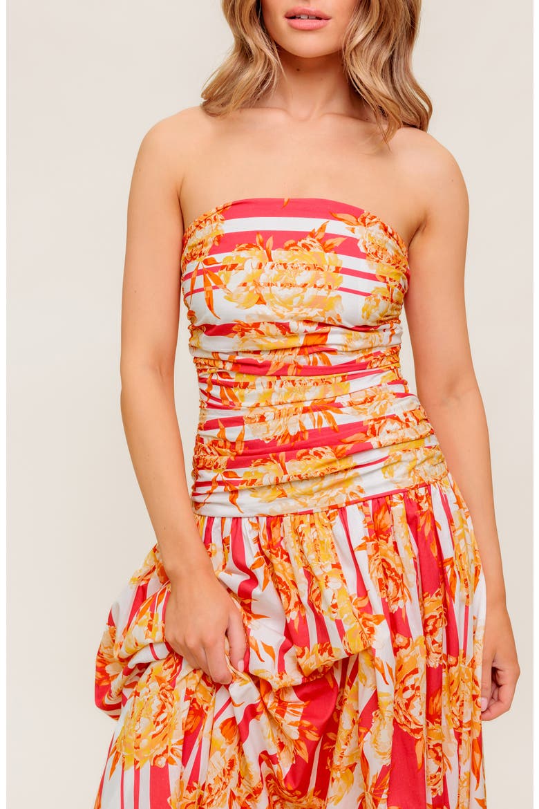 Floral Strapless Ruched Cotton Midi Dress, Alternate, color, STRAWBERRY