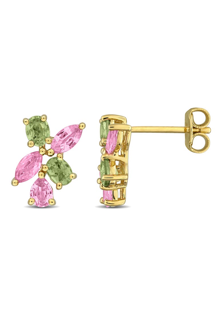 Green & Pink Sapphire Cluster Earrings Yellow Silver, Main, color, Sapphire