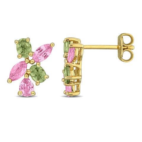 Green & Pink Sapphire Cluster Earrings Yellow Silver