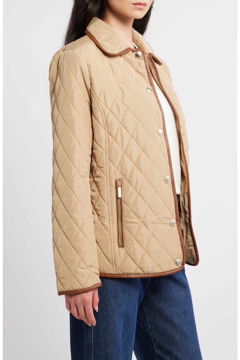 Faux Leather Trim Detail Quilted Jacket, Alternate, color, KHAKI