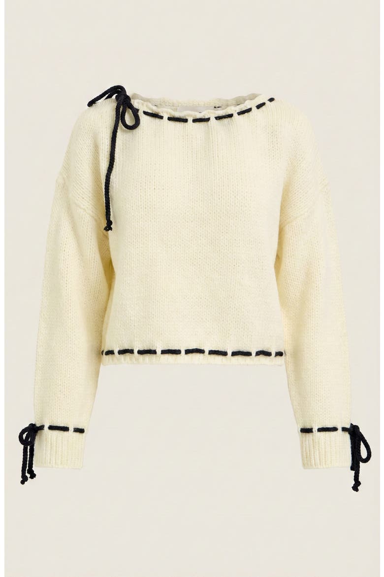 Contrast Tie Scalloped Boat Neck Cropped Hem Knit Sweater, Alternate, color, Ivory