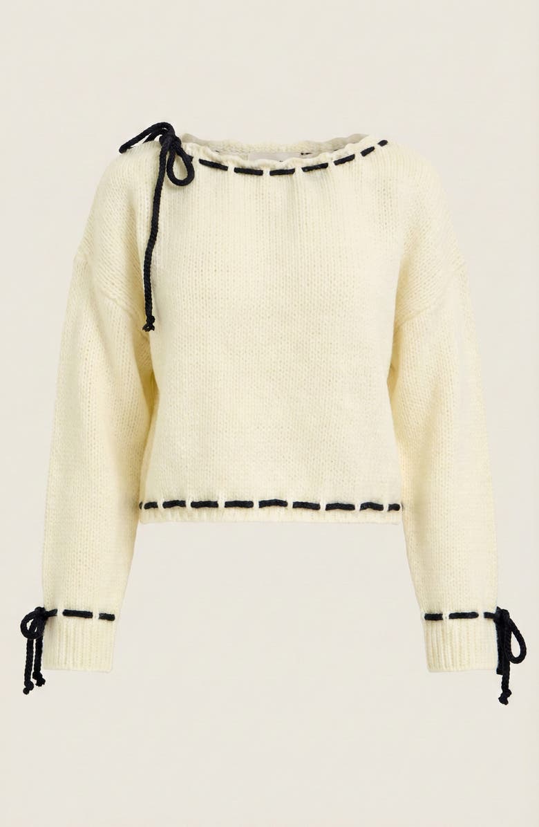 Modenaire Contrast Tie Scalloped Boat Neck Cropped Hem Knit Sweater, Alternate, color, Ivory