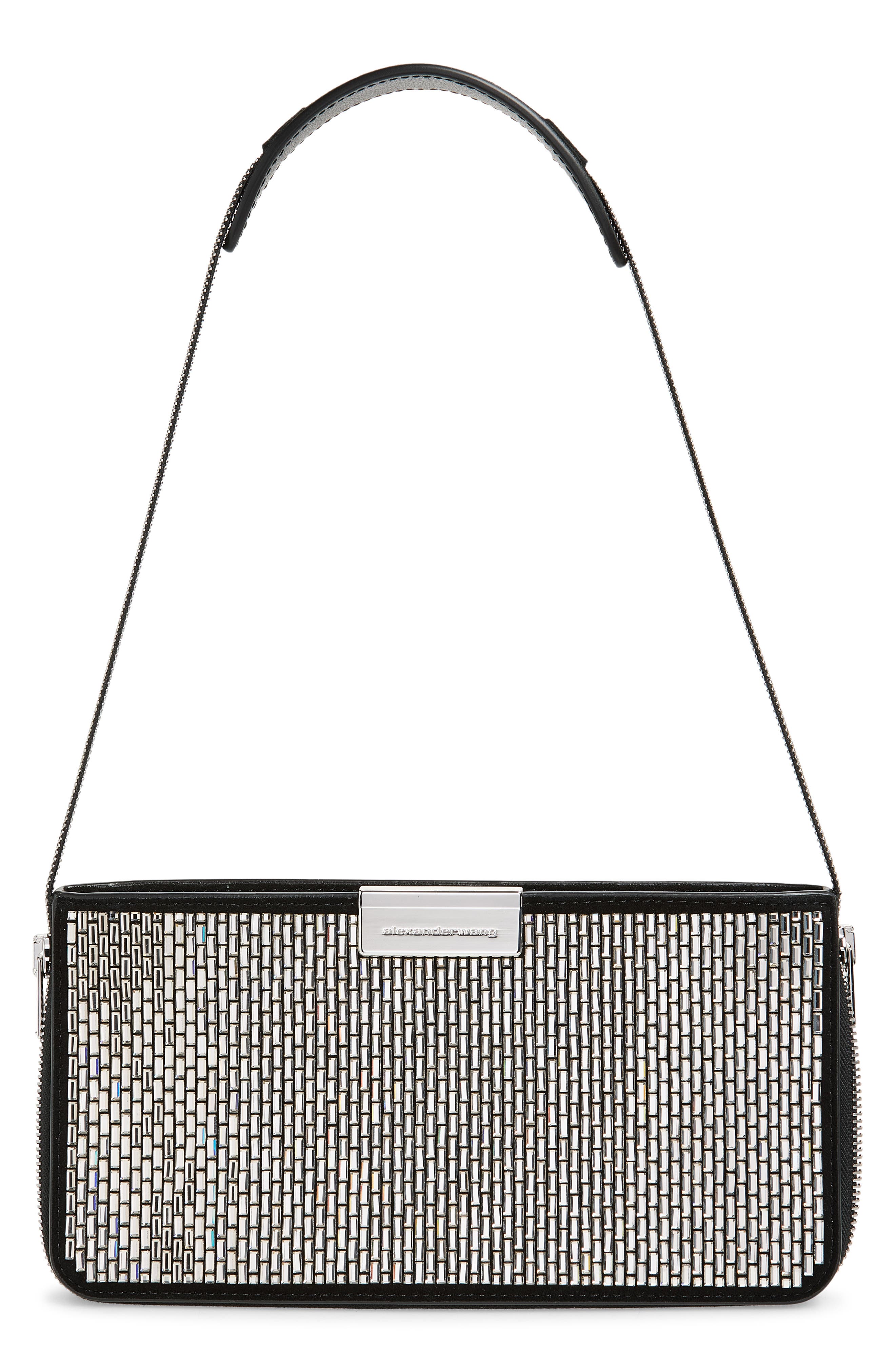 Siren Pochette Crystal Embellished Leather Shoulder Bag, Main, color, BLACK
