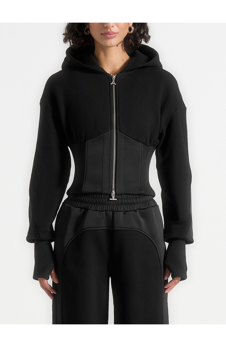 Manière De Voir Brune Corset Jersey And Satin Zip Hoodie, Alternate, color, Black