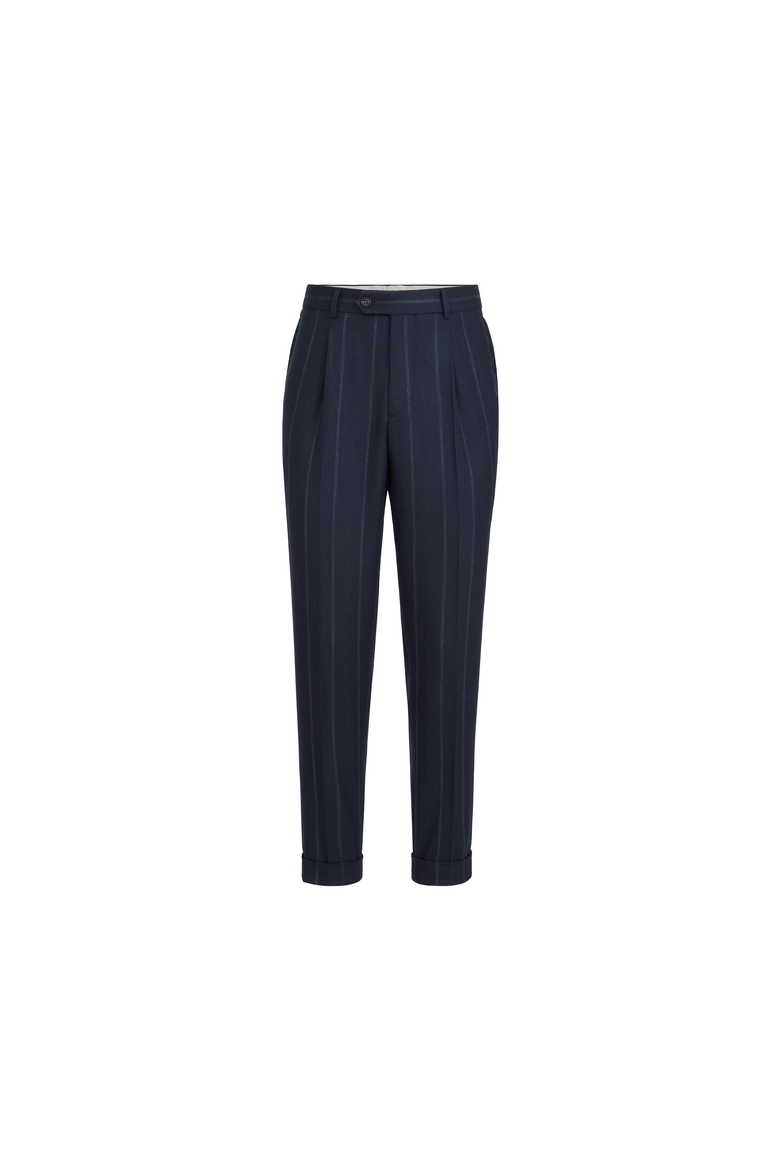 Cashmere and virgin wool multistripe twill trousers with pleat, Alternate, color, Navy Blue