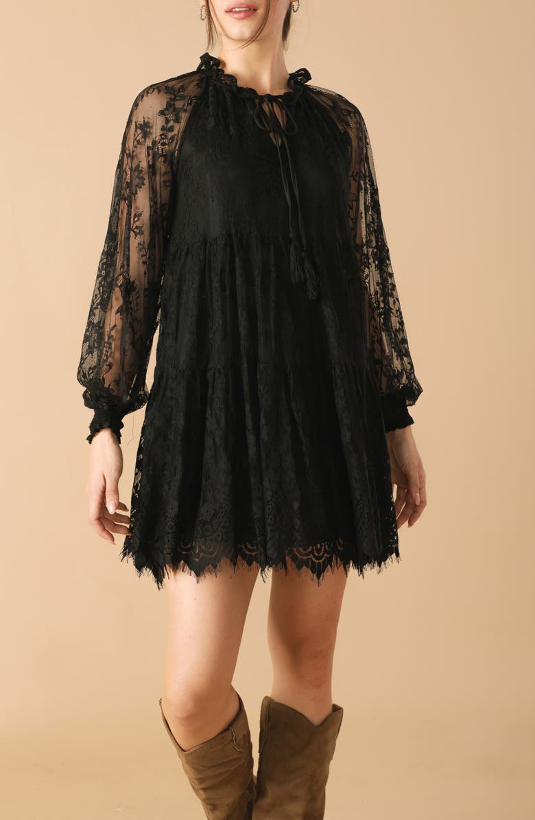 FLYING TOMATO Long Sleeve Lace Minidress, Alternate, color, Black