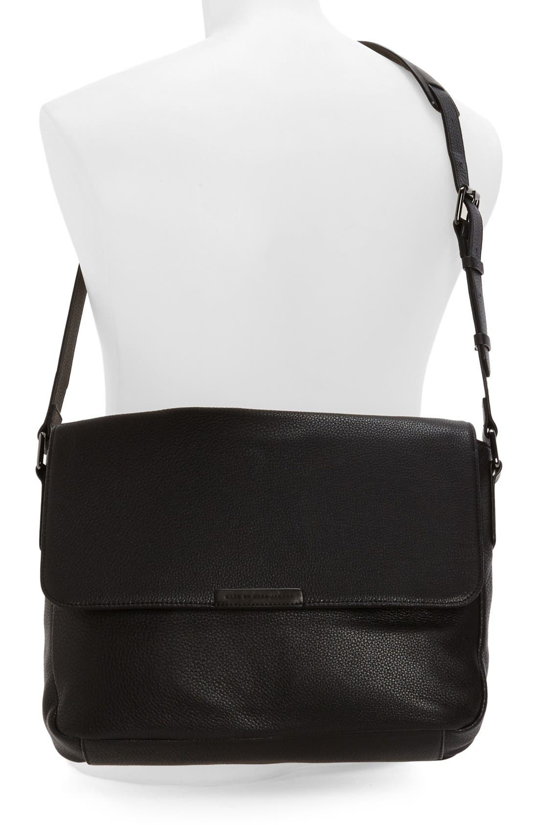 Leather Messenger Bag, Alternate, color, BLACK