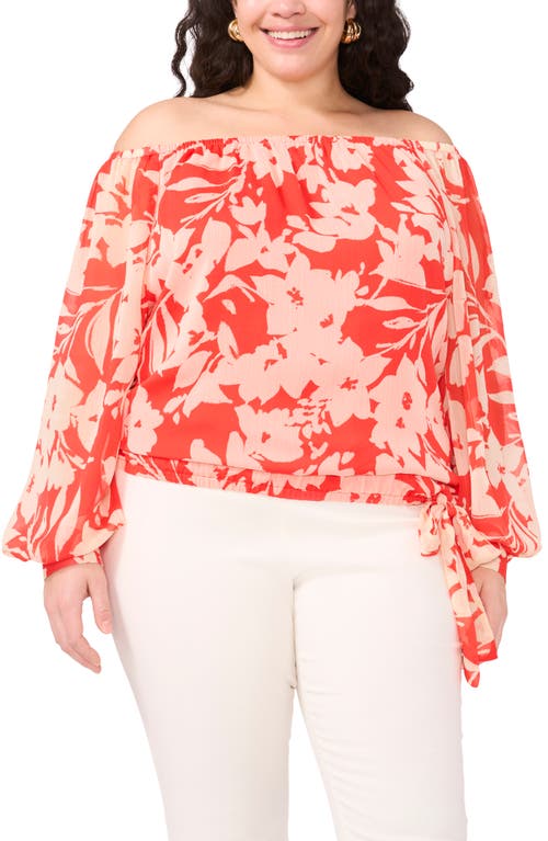 Shop Vince Camuto Floral Off The Shoulder Tie Hem Top In Cayenne