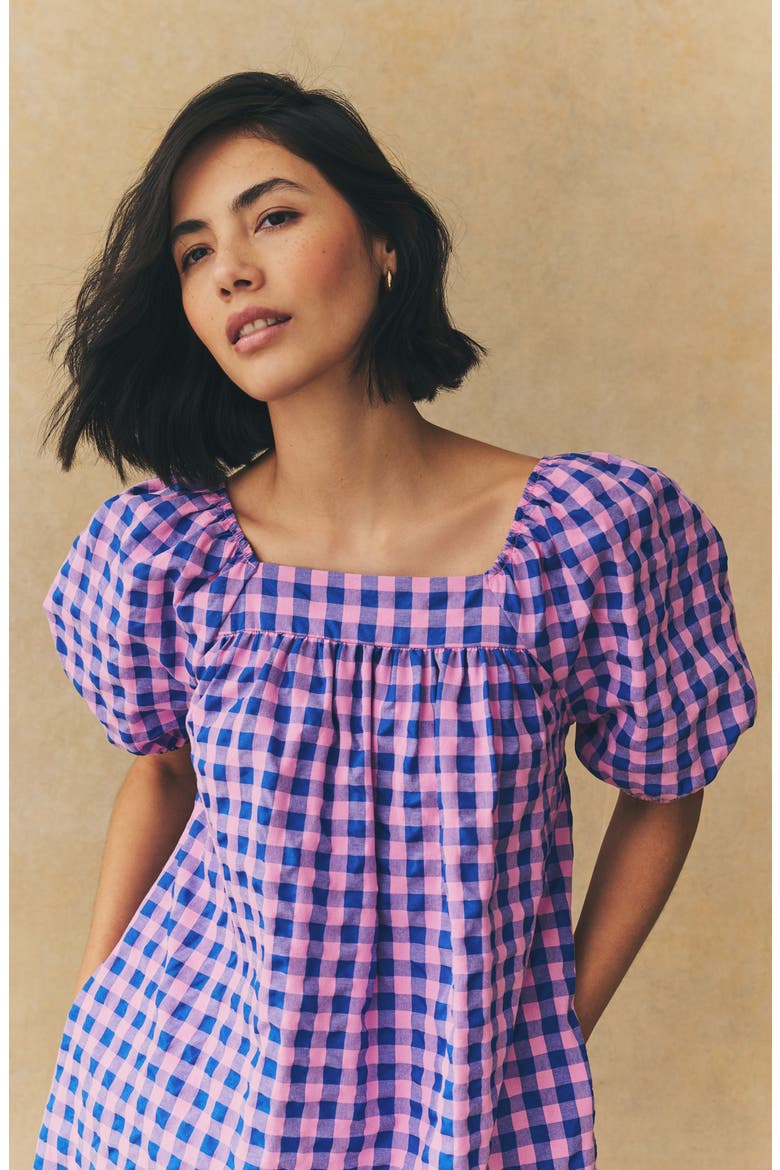 Gingham Puff Sleeve Seersucker Dress, Alternate, color, PURPLE