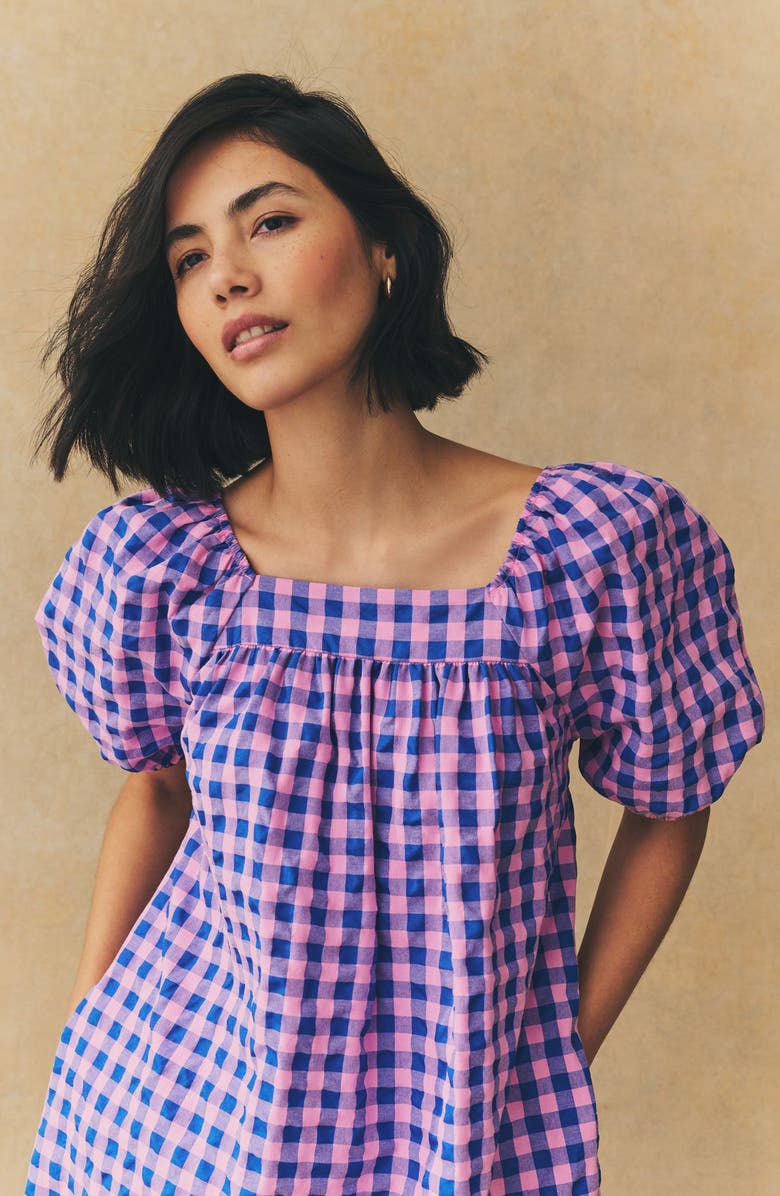 NEXT Gingham Puff Sleeve Seersucker Dress, Alternate, color, Purple