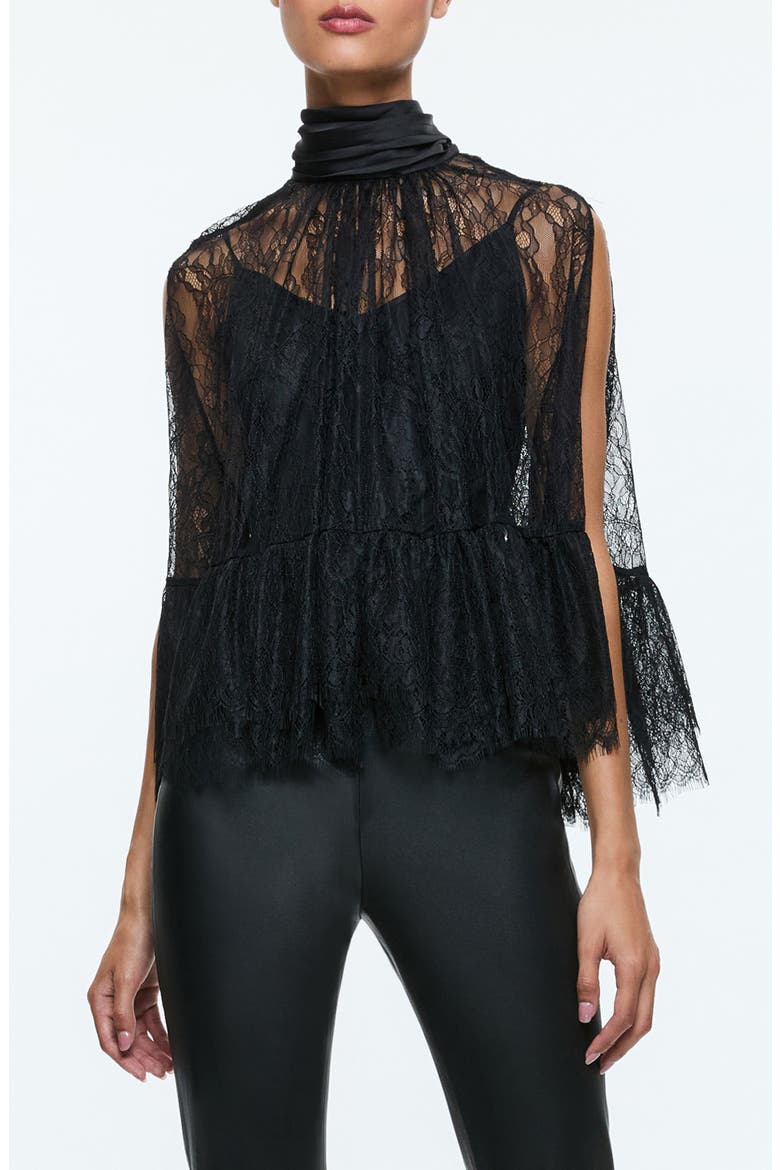 Zenon Sheer Lace Cape Top, Main, color, BLACK