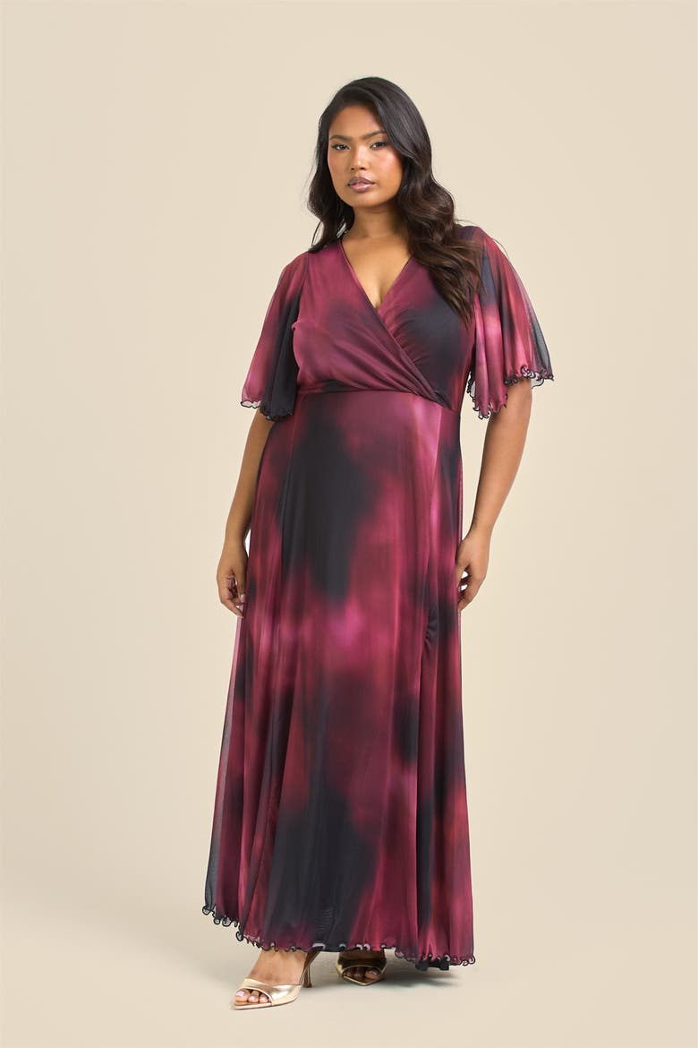 Elegant Abstract Print Mesh Maxi Dress, Alternate, color, Red