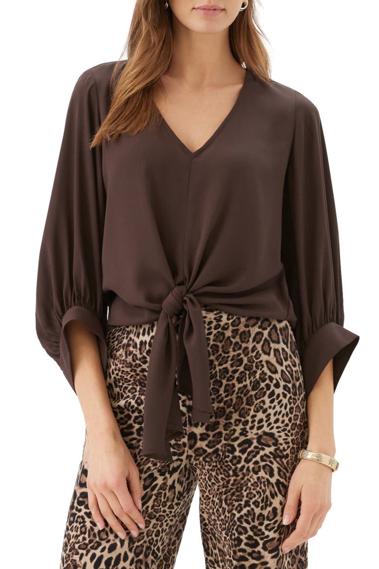 Blouson Sleeve Tie Front Top, Main, color, CHOCOLATE