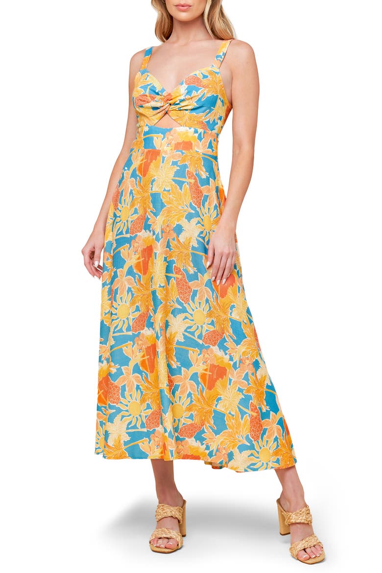 Keyhole Twist Midi Dress, Main, color, BLUE/ORANGE