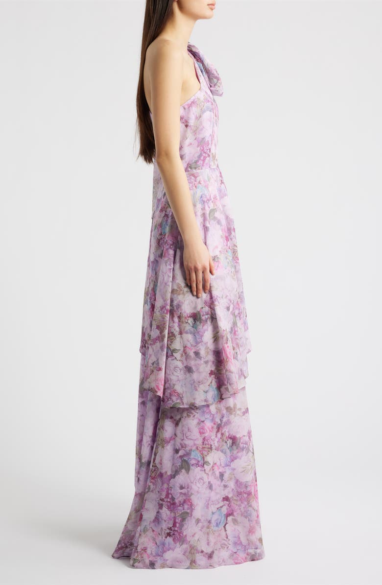 Lulus Amara Floral One-Shoulder Gown, Alternate, color, Lavender Floral