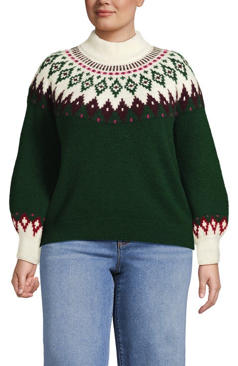 Fuzzy Turtleneck Lantern Sleeve Jacquard Sweater