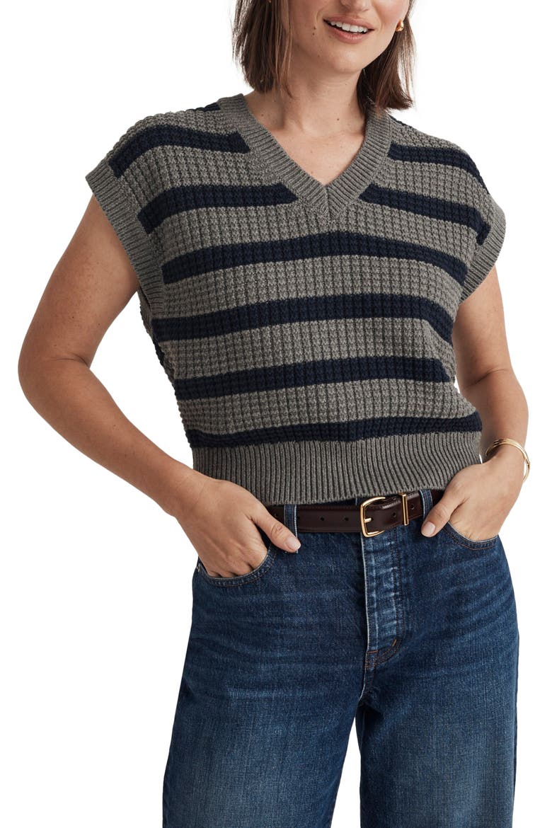 Stripe Waffle Knit Sweater Vest, Main, color, HEATHER PEWTER