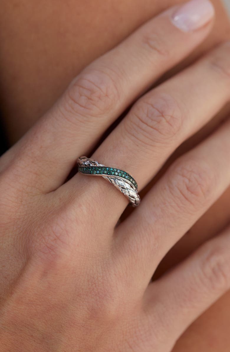 SAVVY CIE JEWELS Rhodium Plated Sterling Silver Green Diamond Woven Band Ring, Alternate, color, White