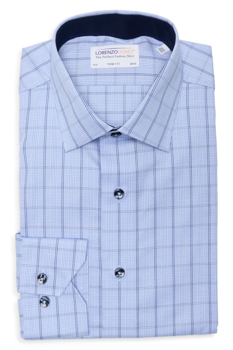 Trim Fit Textured Plaid Cotton Dress Shirt, Alternate, color, LIGHT BLUE